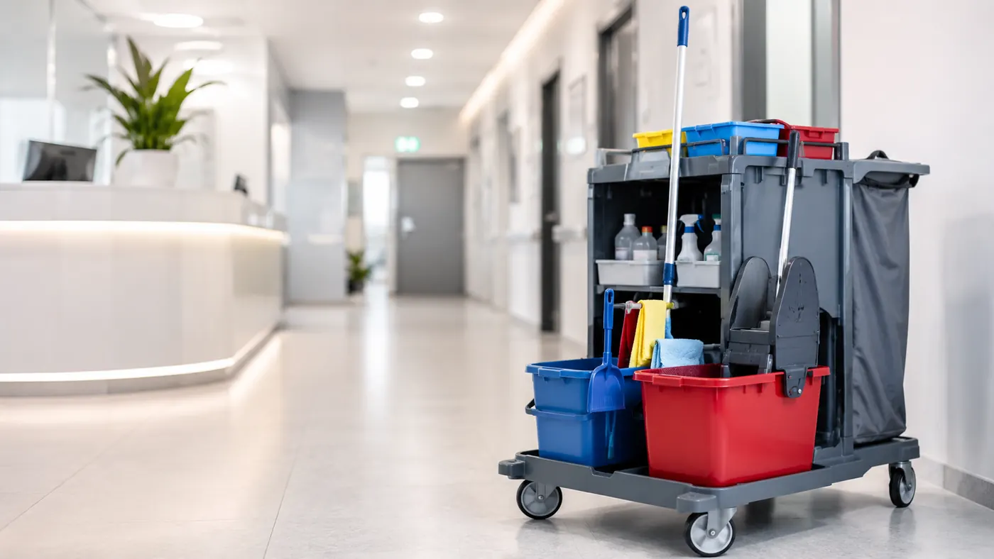 Reinigungswagen für die professionelle Gebäudereinigung in einem modernen Bürogebäude