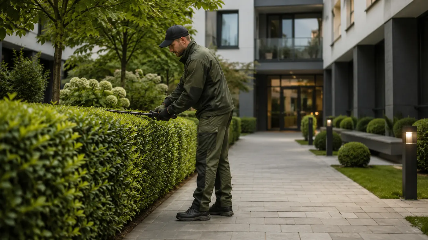 Mitarbeiter bei der Hecken- und Grünpflege an einem Mehrfamilienhaus