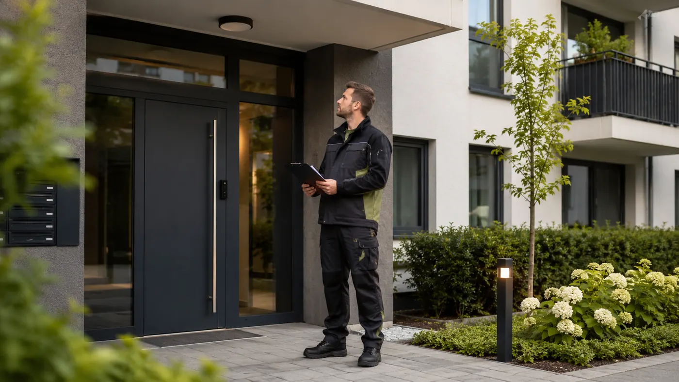 Objektbetreuer bei der Kontrolle eines gepflegten Mehrfamilienhauses